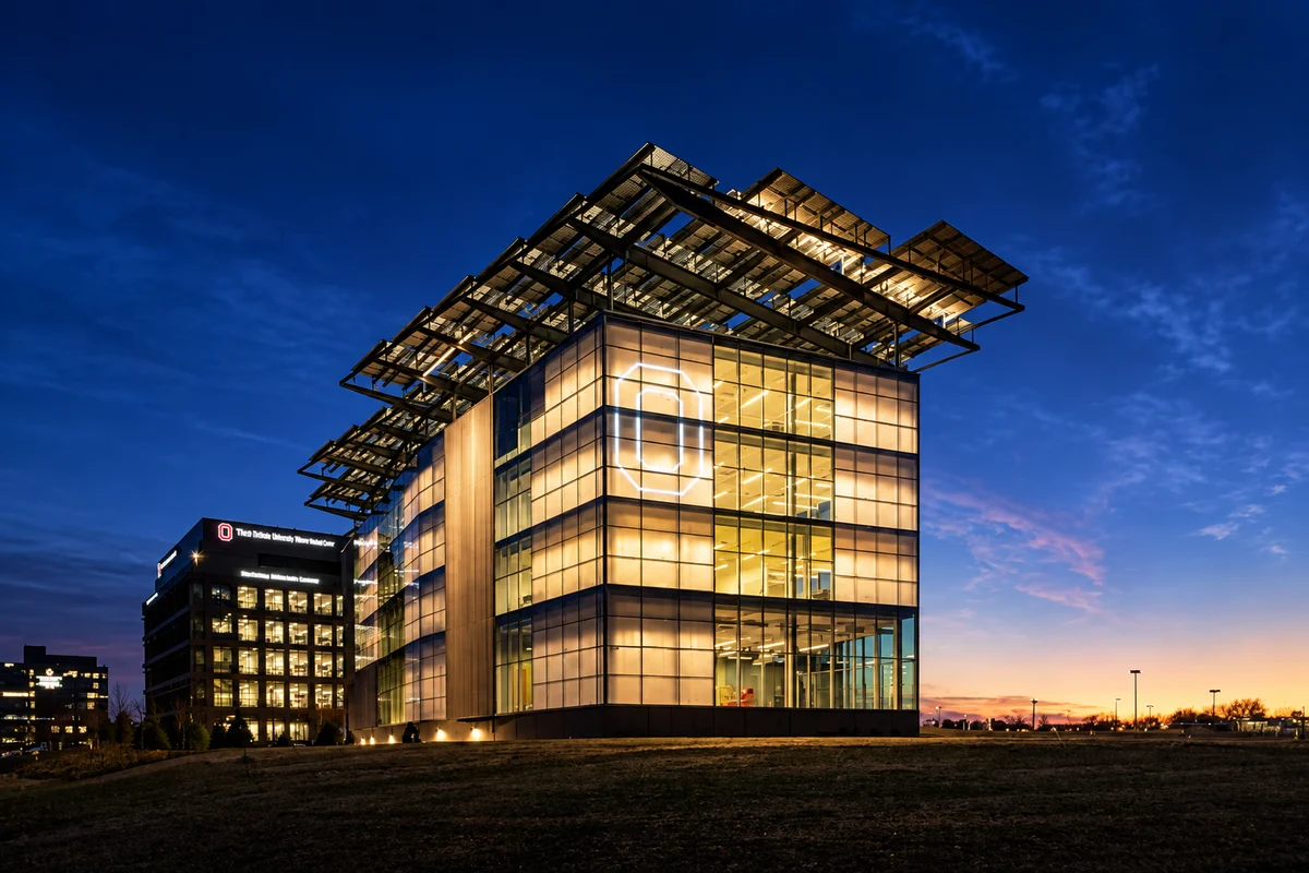 Ohio State University custom solar structure illuminated at dusk