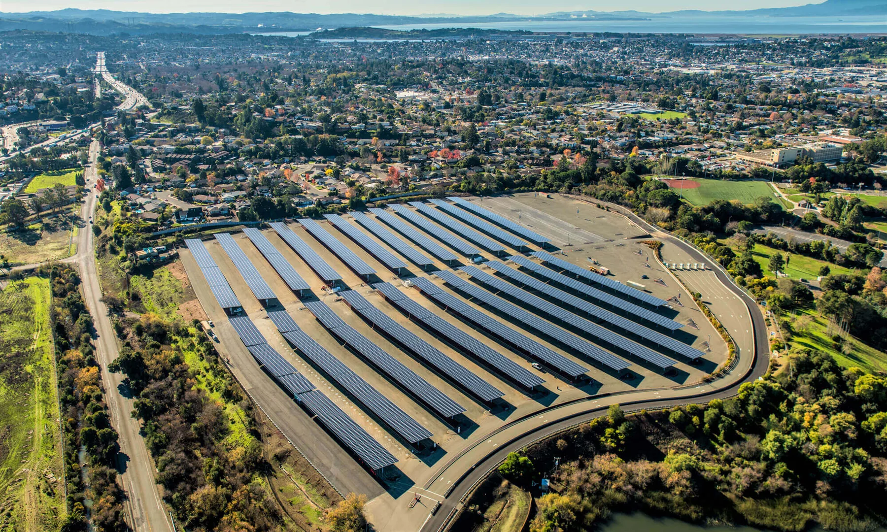 Drone view of solar carport rows at Six Flags Discovery Kingdom