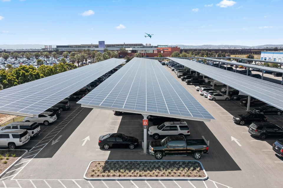 Long rows of solar-covered parking viewed from above