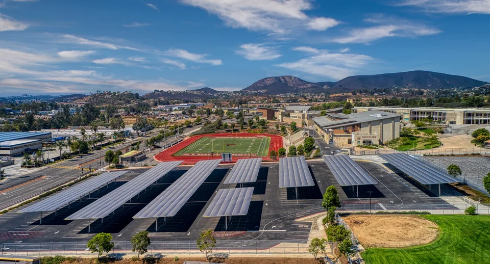 Solar parking rows across a school campus