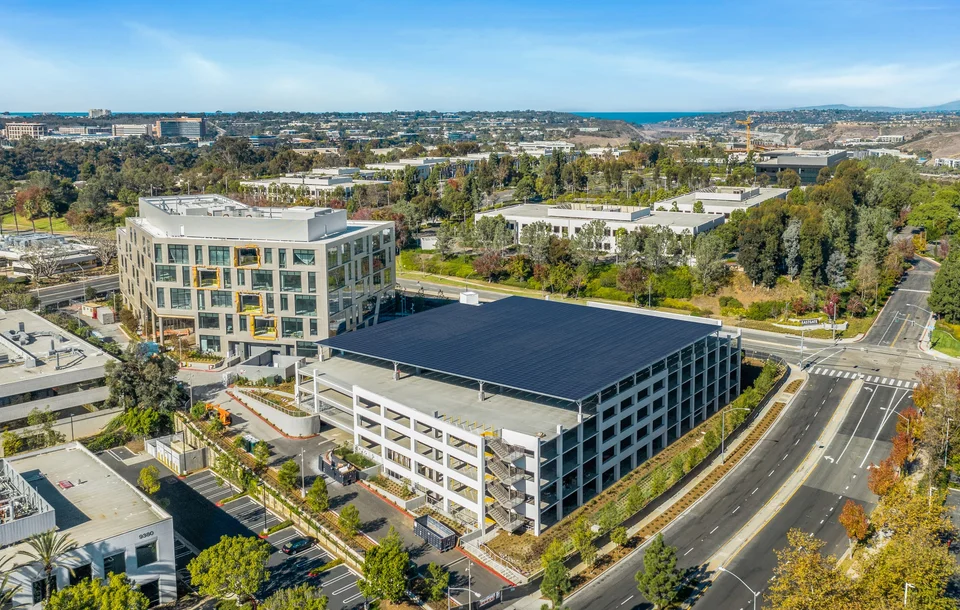 Solar coverage across the upper level of a commercial parking garage