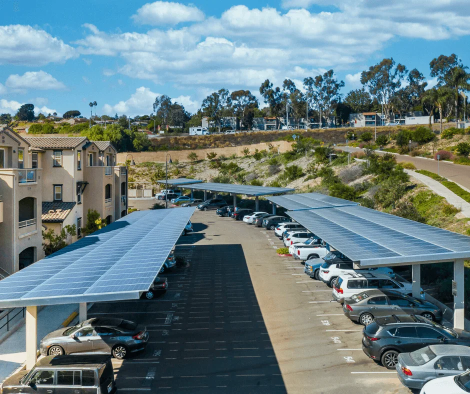 Juniper at the Preserves: semi-cantilever solar carports