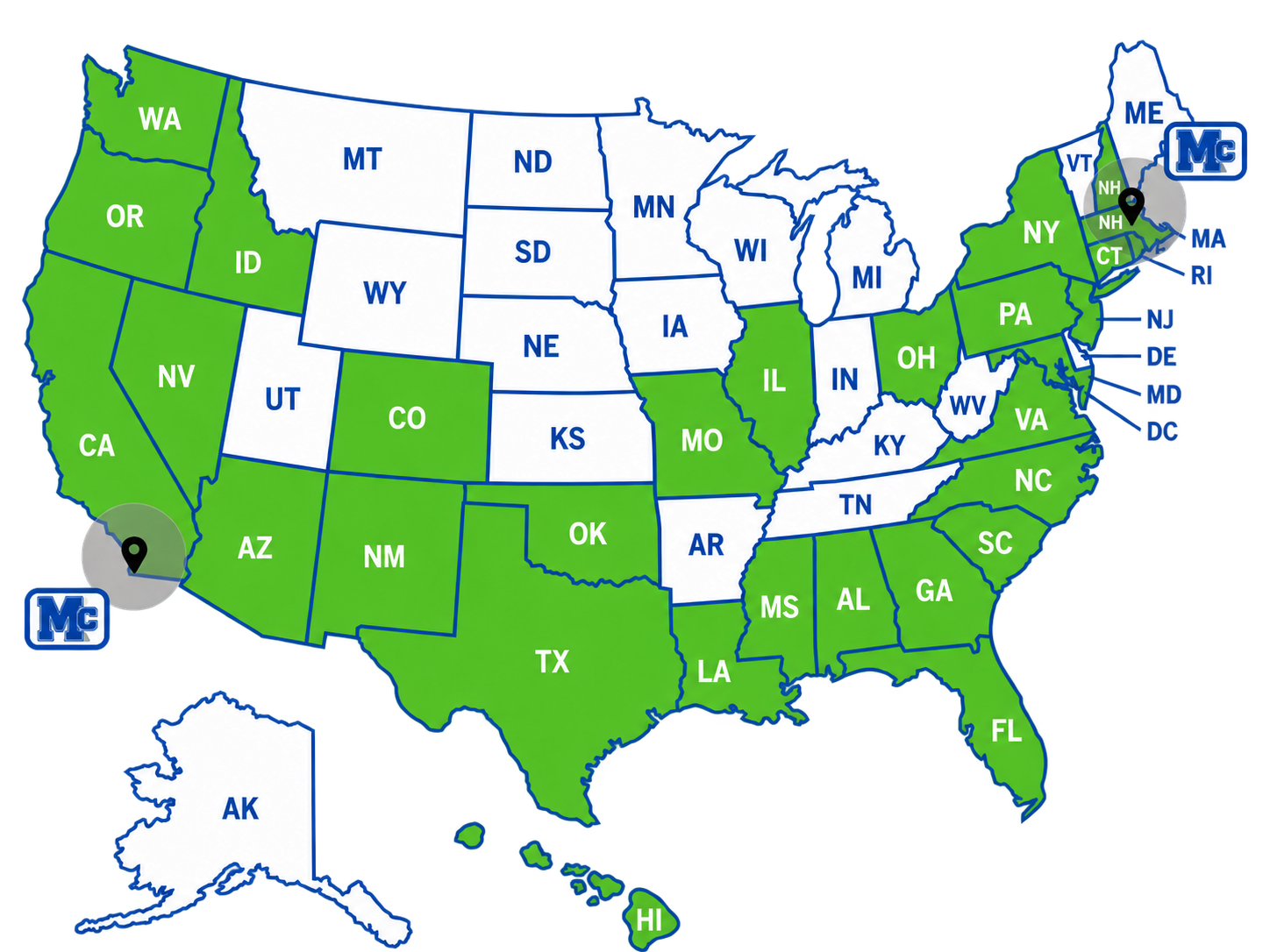 Updated United States map showing highlighted states and M Bar C locations on the West and East Coasts