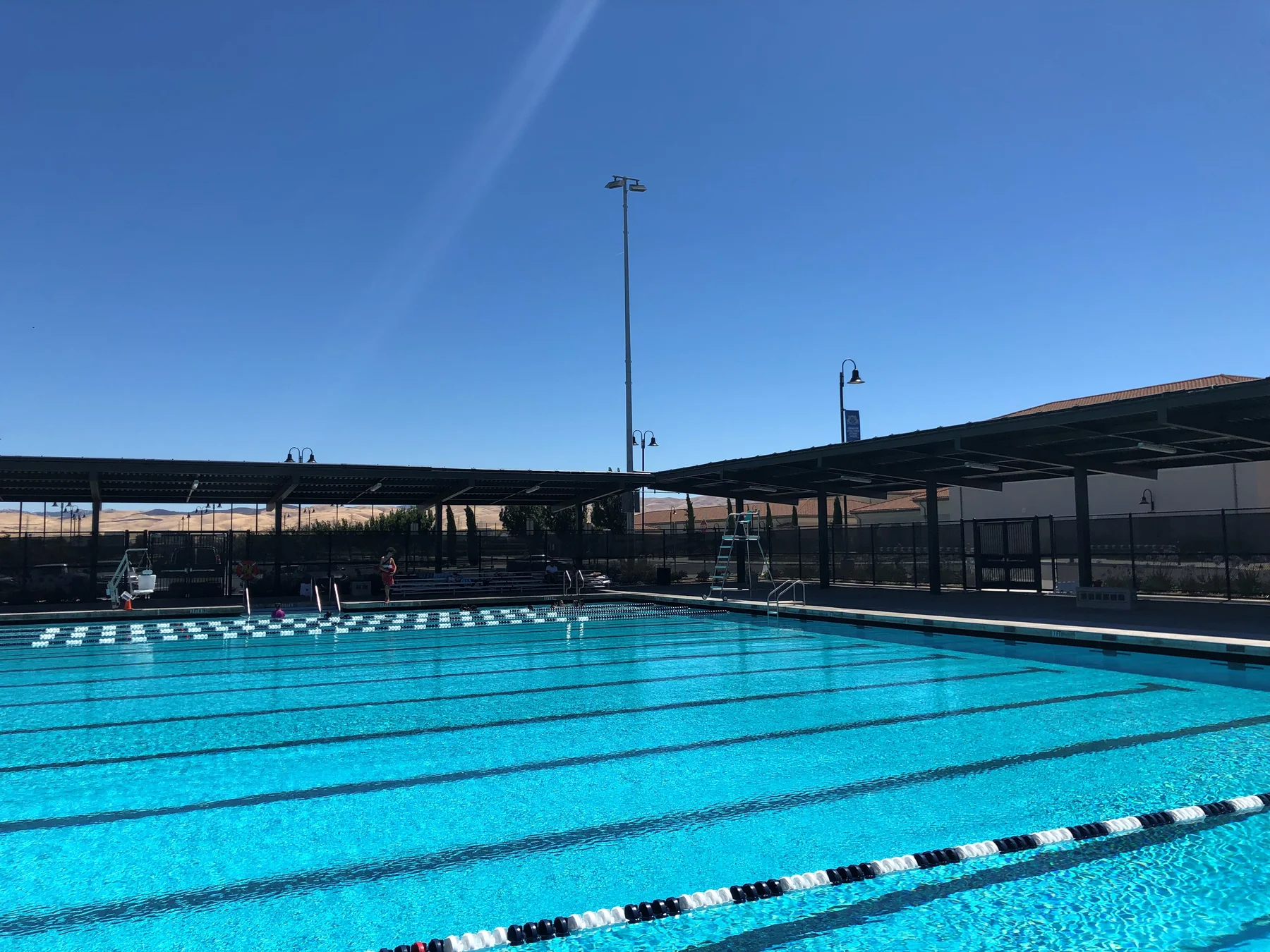 Mountain House High School: poolside shade structures, view 1