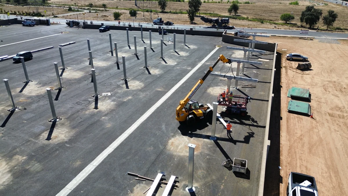Steel canopy installation in progress at Crooked Creek RV and Boat