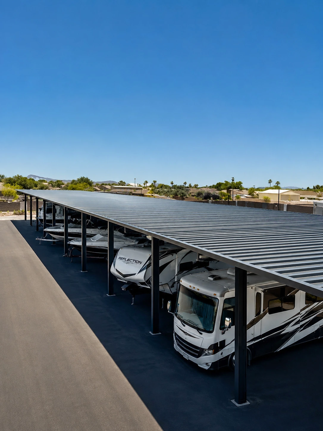 Conceptual RV and boat canopy layout with illustrative vehicles